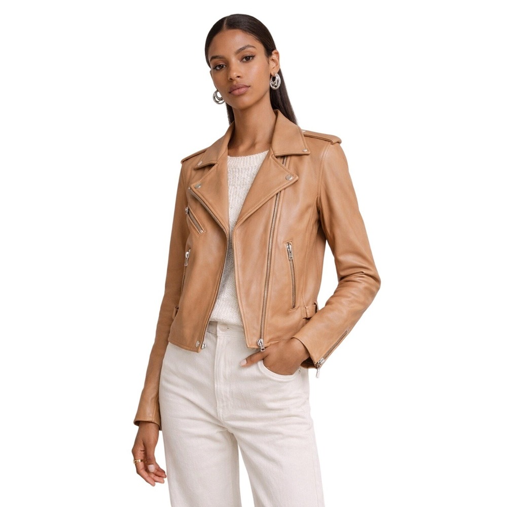 IRO Luigaspe Moto Jacket Women‎ 36 Tan Lamb Leather Asymmetrical Zip Biker Chic